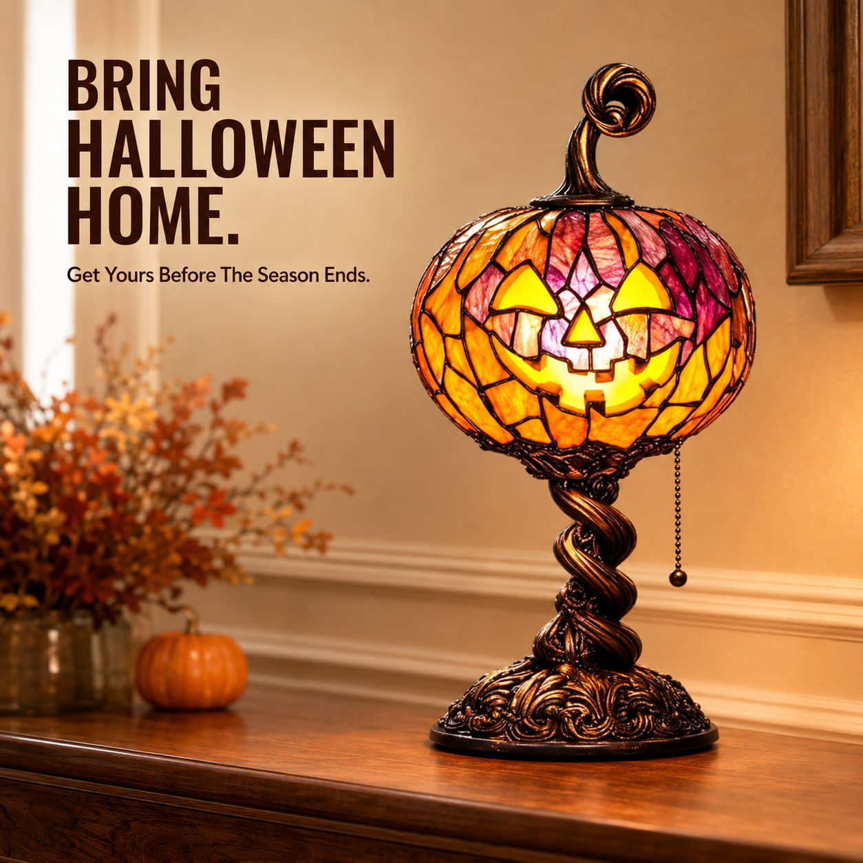 ๐ Halloween Pumpkin Glow Lamp โ Vintage Stained-Glass-Style Table Light