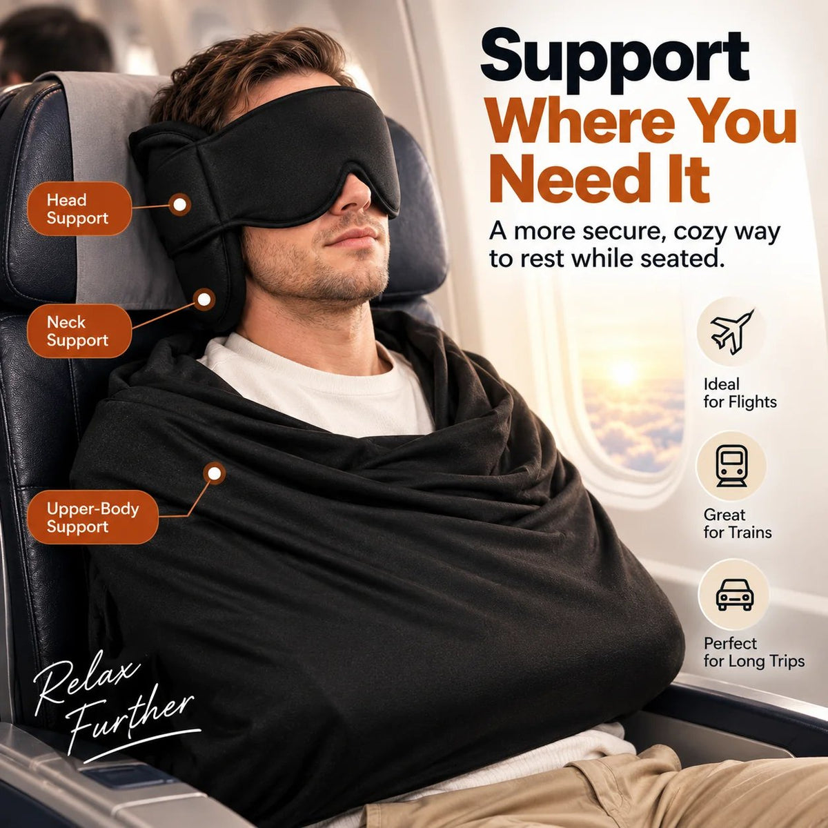 ✈️ 3-in-1 Travel Sleep Support – Blackout Eye Mask & Head Support