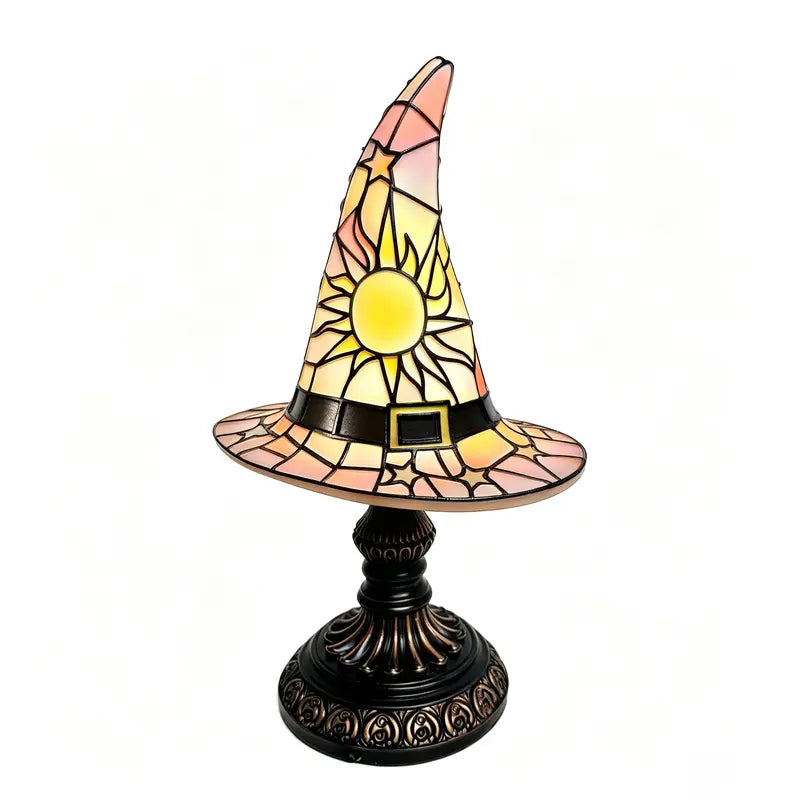 Gothic Stained Glass Style Witch Hat Lamp - Handcrafted Resin USB-Powered Nightlight, Decorative Glow Camping Lights & Lanterns for Halloween Bedroom Room Decor