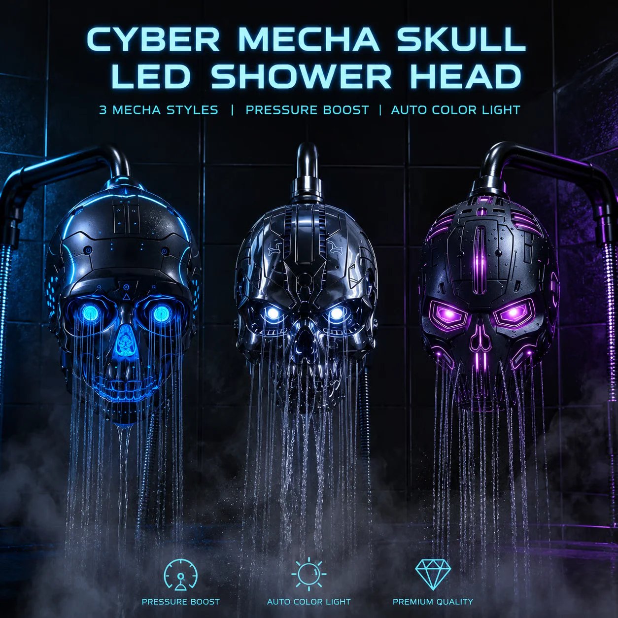 Cyber Mecha Skull Color Changing LED Shower Head