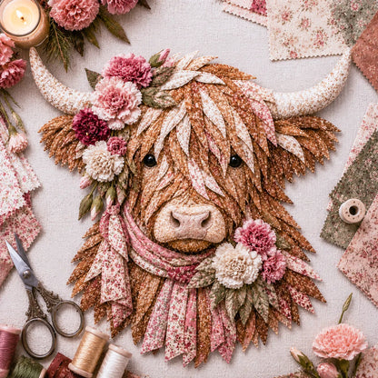 ⏰LAST DAY 49% OFF - 🐮💐🌸 Birth Flower Highland Cow 3D Layered Fabric Art DIY Kit | Complete Kit Included ✂️ Pre-Cut Pieces • Glue or Stitch Your Way • Create a Cozy 3D Highland Cow Decor 💕
