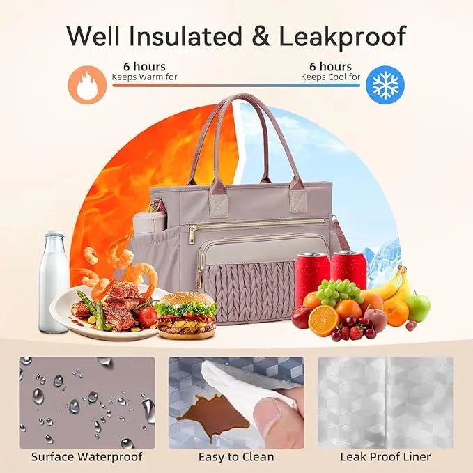 Insulated Lunch Tote for Women – Stylish Leakproof Cooler Bag with Adjustable Strap & Side Pockets