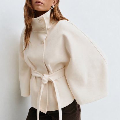 Women's Wool Blend Poncho Coat Oversized Belted Stand Collar Cropped