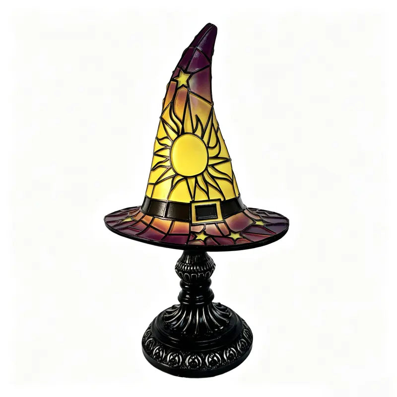 Gothic Stained Glass Style Witch Hat Lamp - Handcrafted Resin USB-Powered Nightlight, Decorative Glow Camping Lights & Lanterns for Halloween Bedroom Room Decor