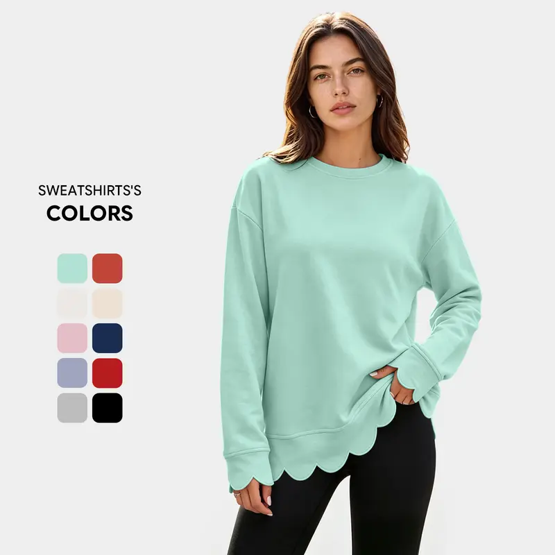 Women's Scallop Hem Knit Sweatshirt Oversized Tunic Long Sleeve