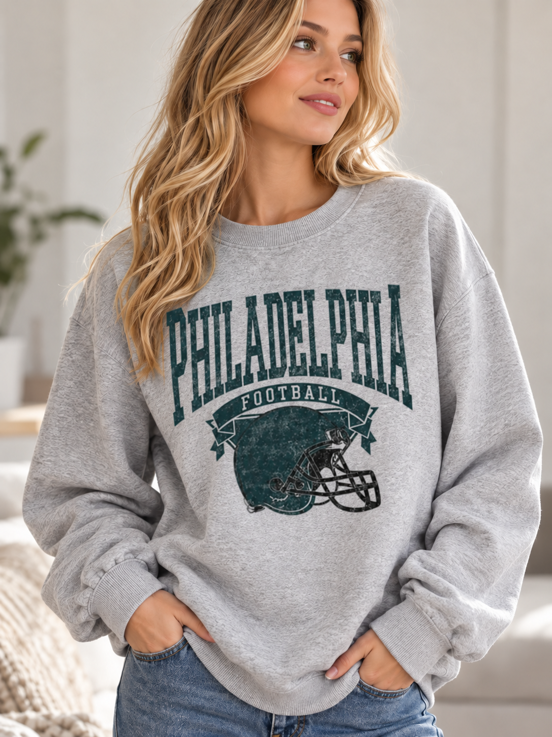 Vintage Football Fleece Sweatshirt Hometown Team Sublimation Print Long Sleeve