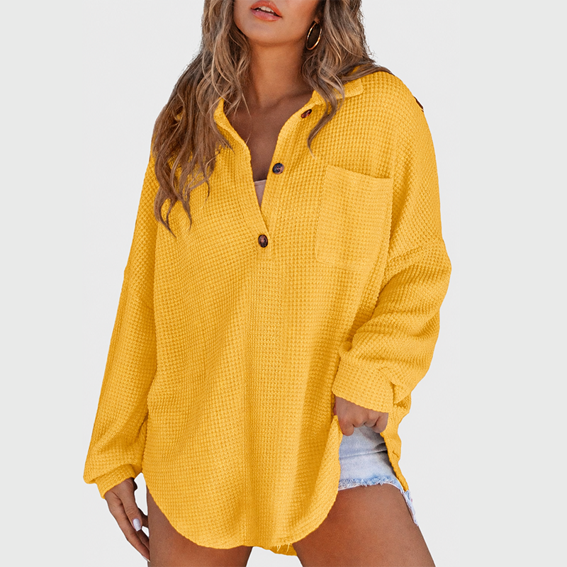 Women's Oversized Henley Waffle Shirt V Neck Long Sleeve