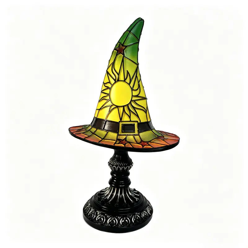 Gothic Stained Glass Style Witch Hat Lamp - Handcrafted Resin USB-Powered Nightlight, Decorative Glow Camping Lights & Lanterns for Halloween Bedroom Room Decor