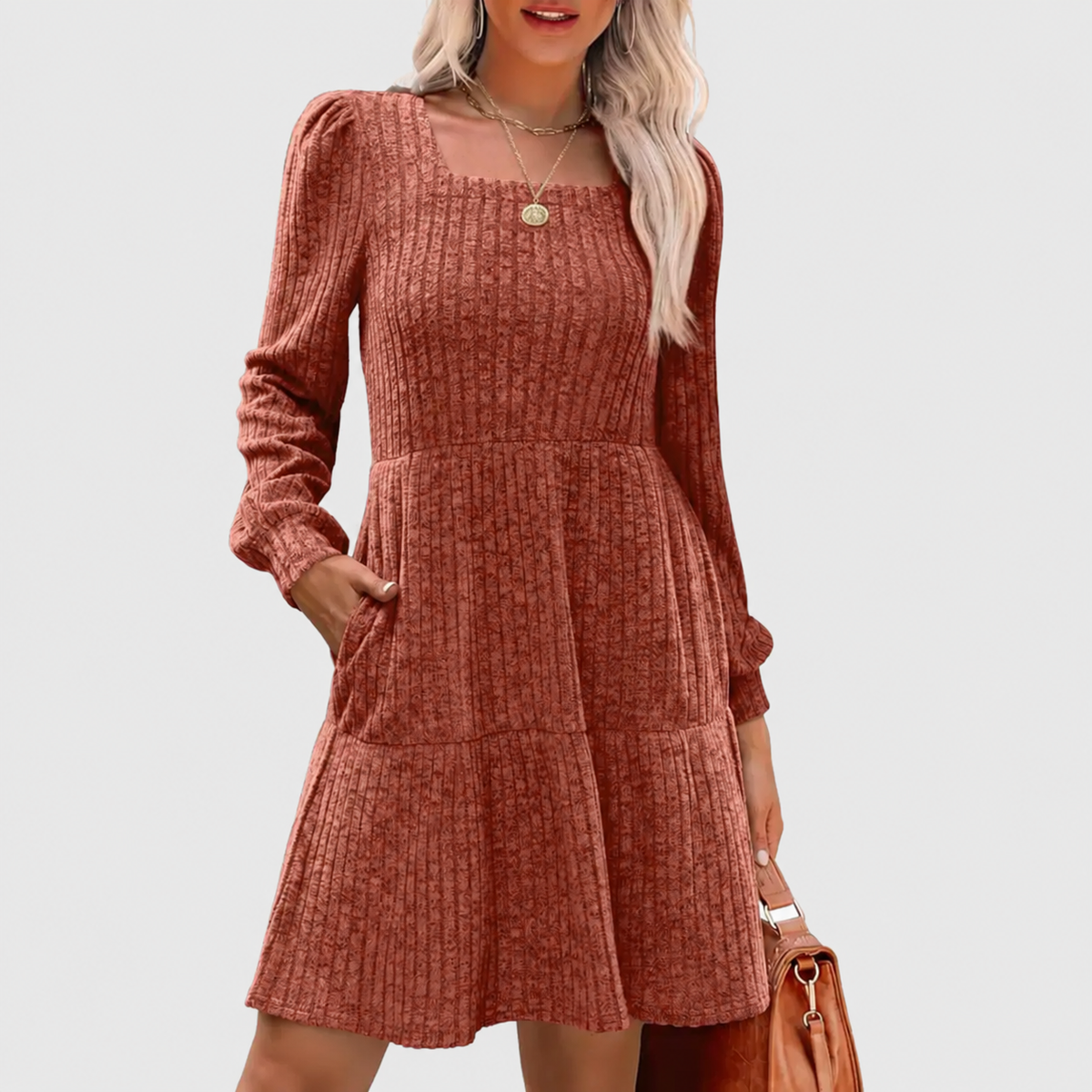 Women's Square Neck Long Sleeve Fall Babydoll Sweater Dress