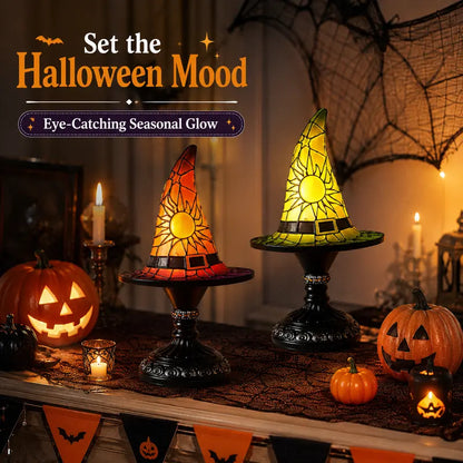 Gothic Stained Glass Style Witch Hat Lamp - Handcrafted Resin USB-Powered Nightlight, Decorative Glow Camping Lights & Lanterns for Halloween Bedroom Room Decor