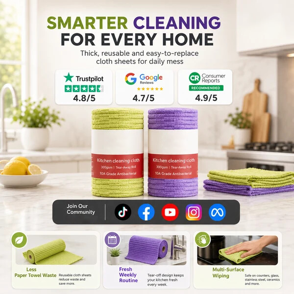 Multipurpose Reusable Tear-Off Cleaning Cloth Roll