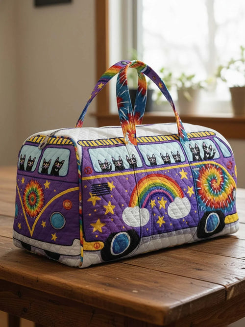 Hippie Rainbow Cat Quilted Duffle Bag