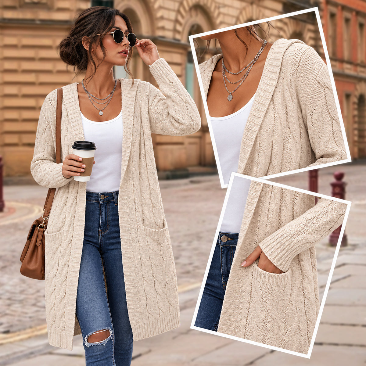 Women's Oversized Cable Knit Hooded Cardigan
