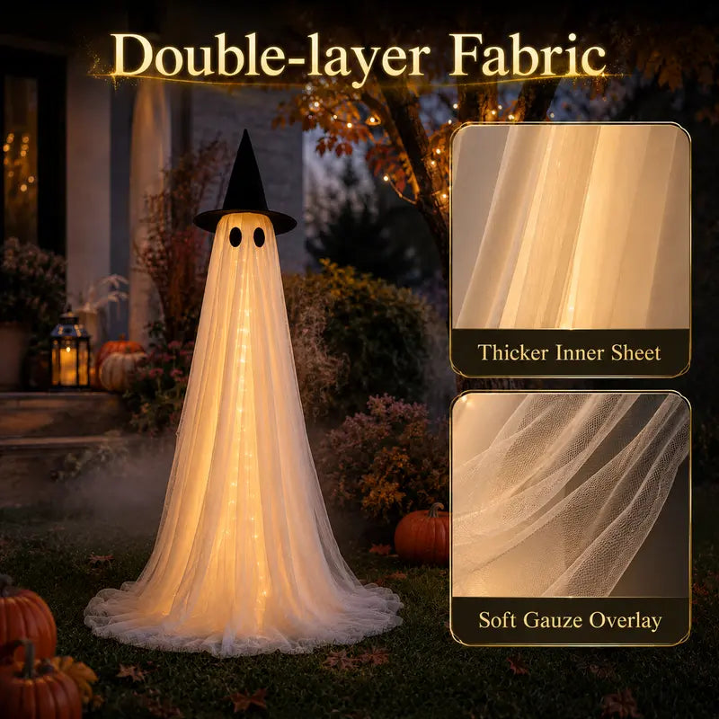 2-Pack 5Ft Halloween Spooky Lighted Ghost Decor Set, Indoor Outdoor Decorative Wind-Resistant Party Decoration Set with String Lights, Waterbags & Hats for Porch Yard, Lighted Party