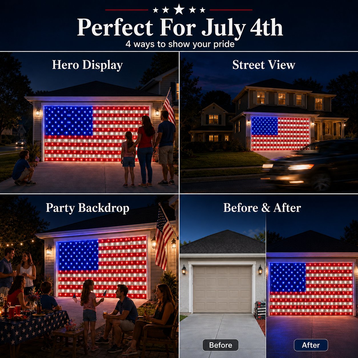 🇺🇸 4th Of July Garage Flag Net Lights📏16.1 ft × 6.9 ft