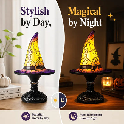 Gothic Stained Glass Style Witch Hat Lamp - Handcrafted Resin USB-Powered Nightlight, Decorative Glow Camping Lights & Lanterns for Halloween Bedroom Room Decor