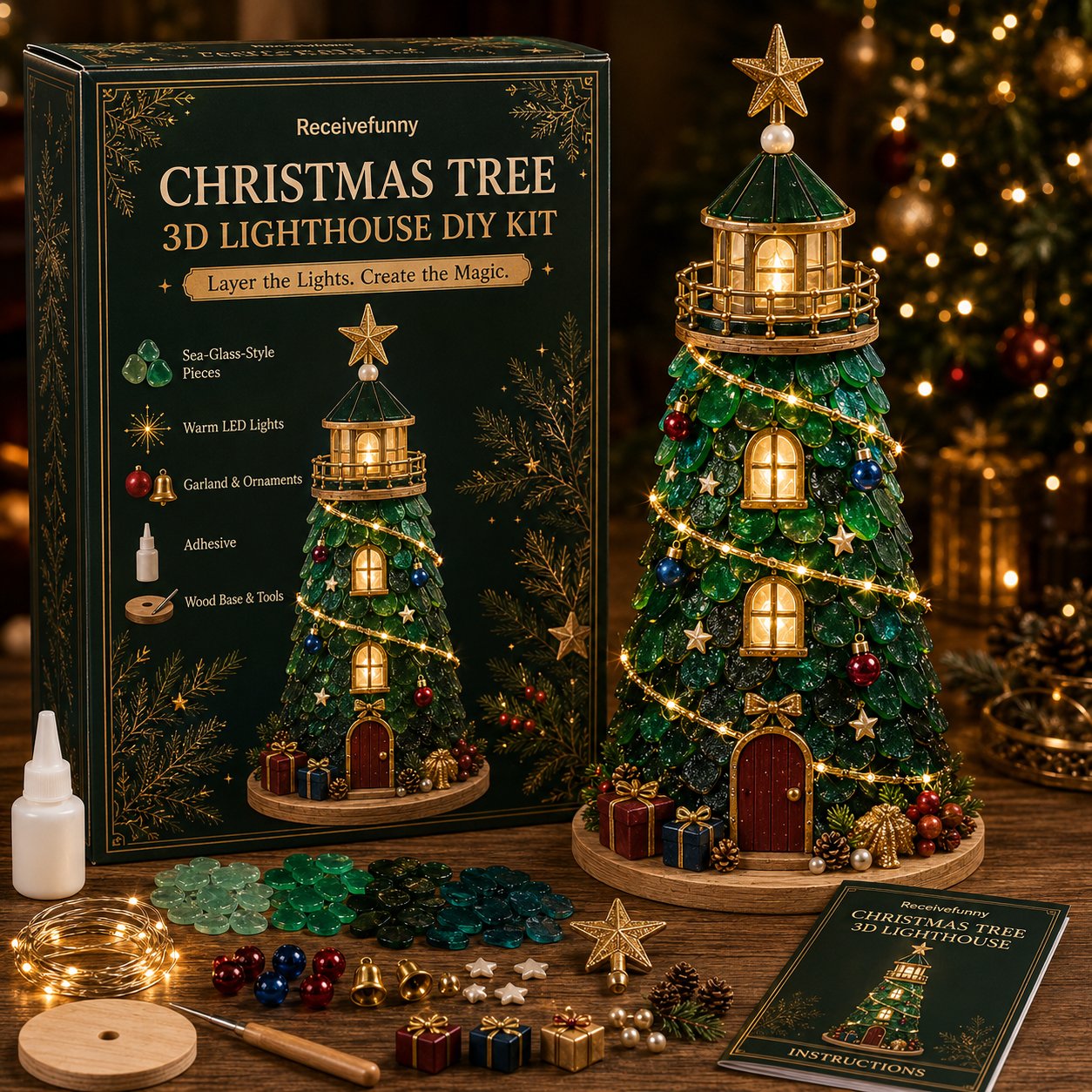 🎅 2026 Christmas Gift --🎄Beginner-Friendly DIY Lighted Christmas Character Sea Glass-Style Lighthouse Kit Collection | Complete Kit with Sea Glass-Style Pieces, LED Lights & Step-by-Step Guide Included 💕