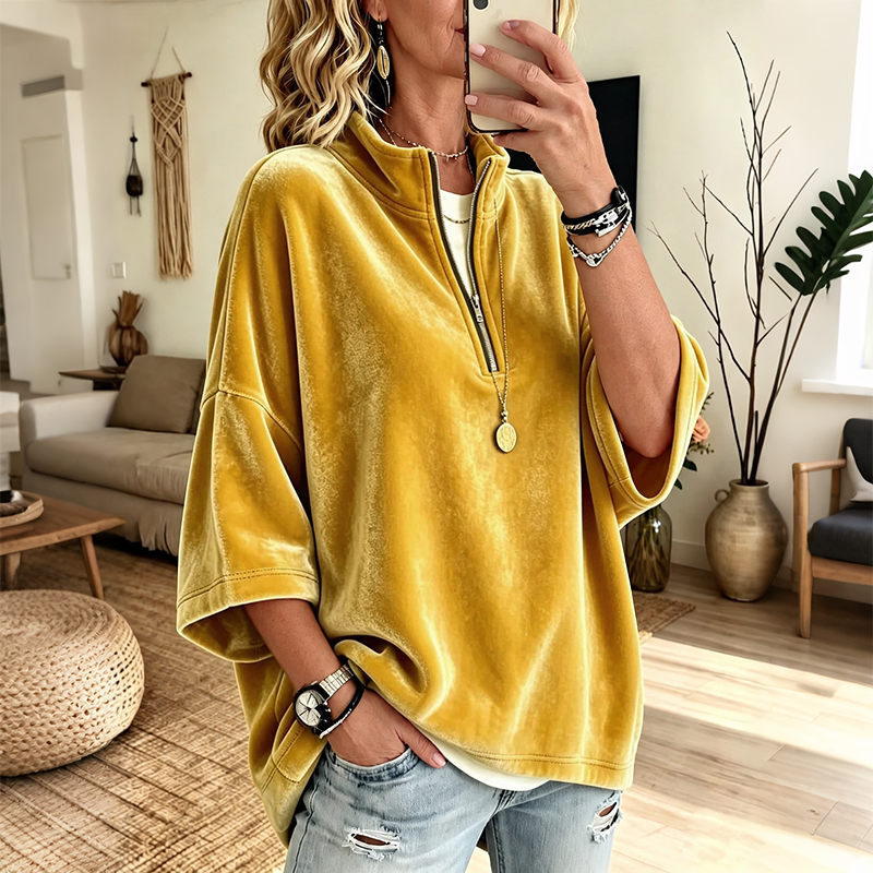 Women's Velvet Oversized Pullover Half Zip 3/4 Sleeve