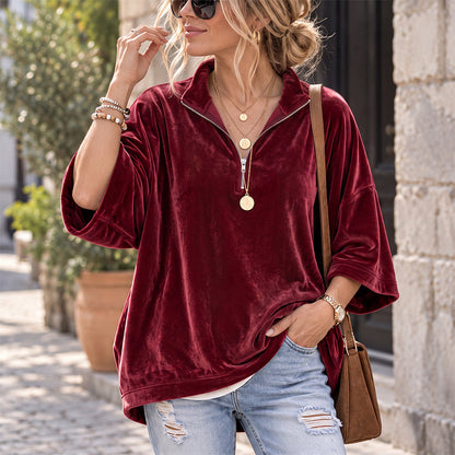 Women's Velvet Oversized Pullover Half Zip 3/4 Sleeve