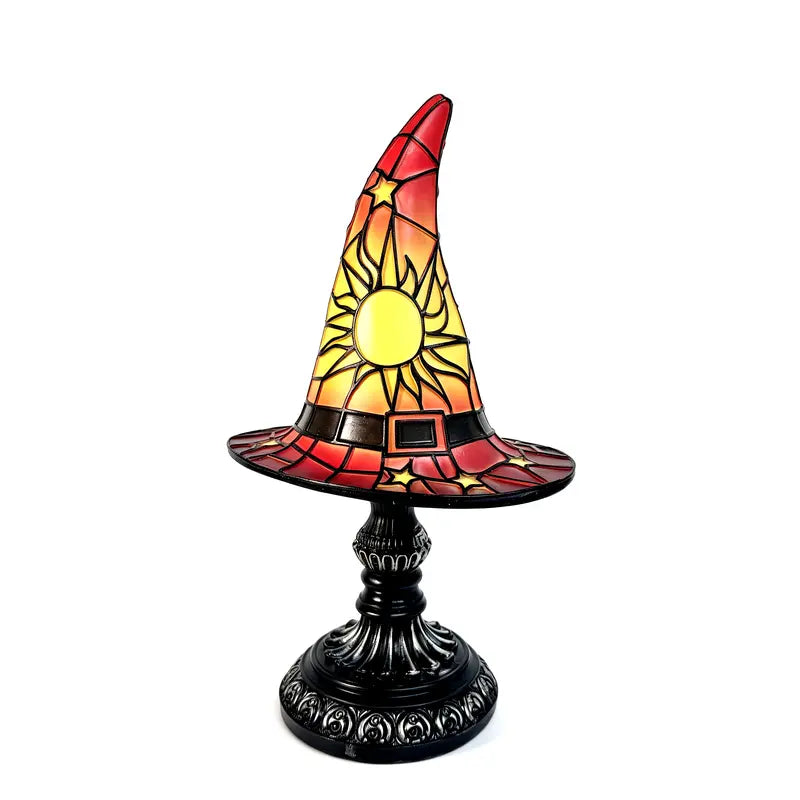 Gothic Stained Glass Style Witch Hat Lamp - Handcrafted Resin USB-Powered Nightlight, Decorative Glow Camping Lights & Lanterns for Halloween Bedroom Room Decor