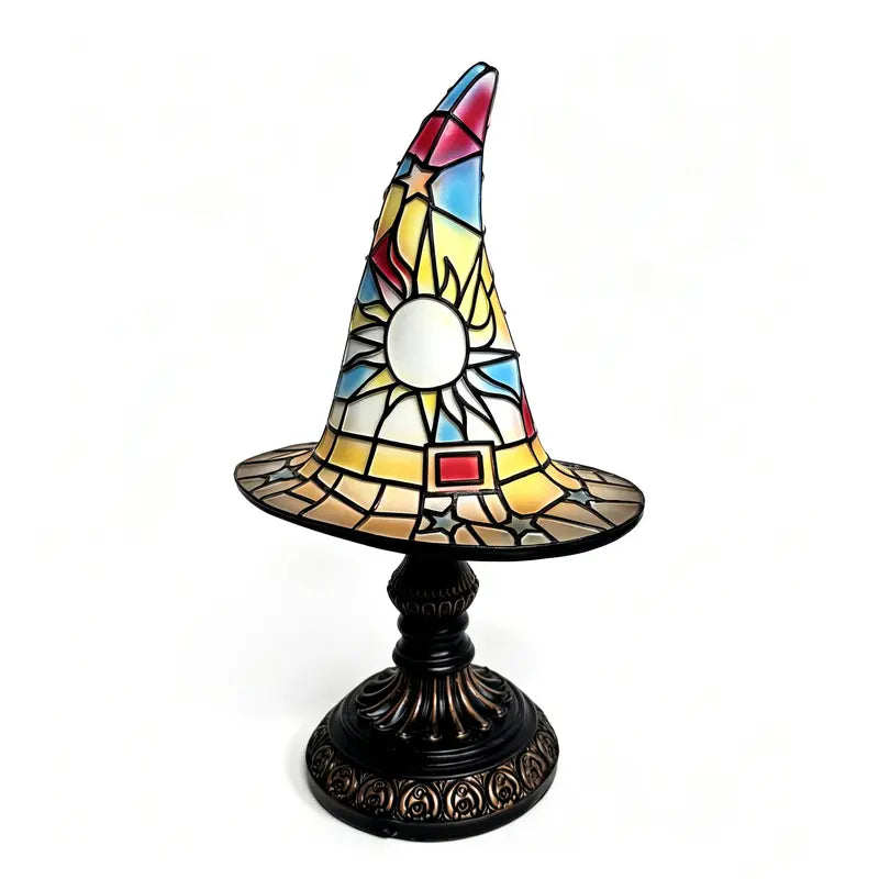 Gothic Stained Glass Style Witch Hat Lamp - Handcrafted Resin USB-Powered Nightlight, Decorative Glow Camping Lights & Lanterns for Halloween Bedroom Room Decor