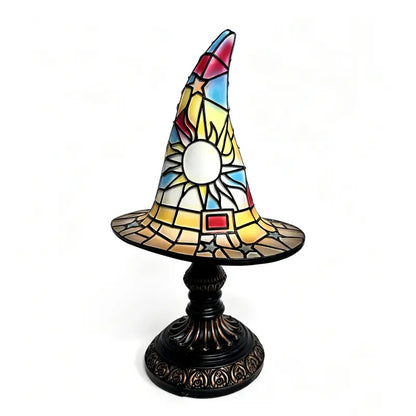 Gothic Stained Glass Style Witch Hat Lamp - Handcrafted Resin USB-Powered Nightlight, Decorative Glow Camping Lights & Lanterns for Halloween Bedroom Room Decor