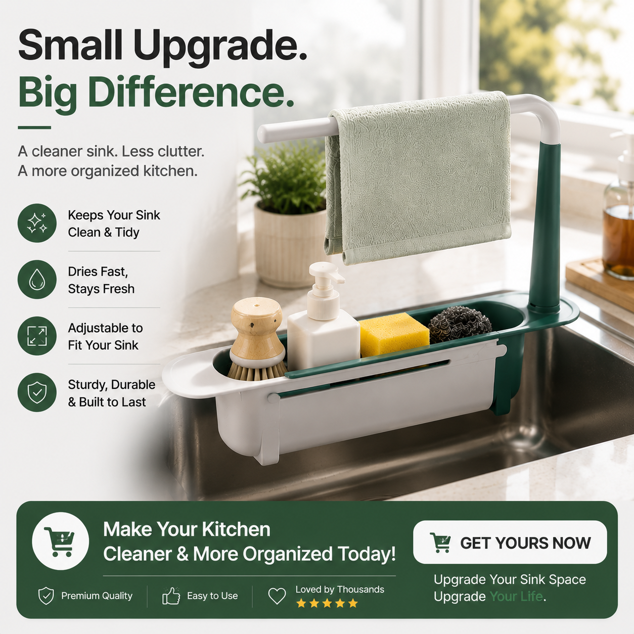 ✨ 2-in-1 Sink Organizer Rack – Expandable Sponge Holder & Kitchen Towel Drying Bar