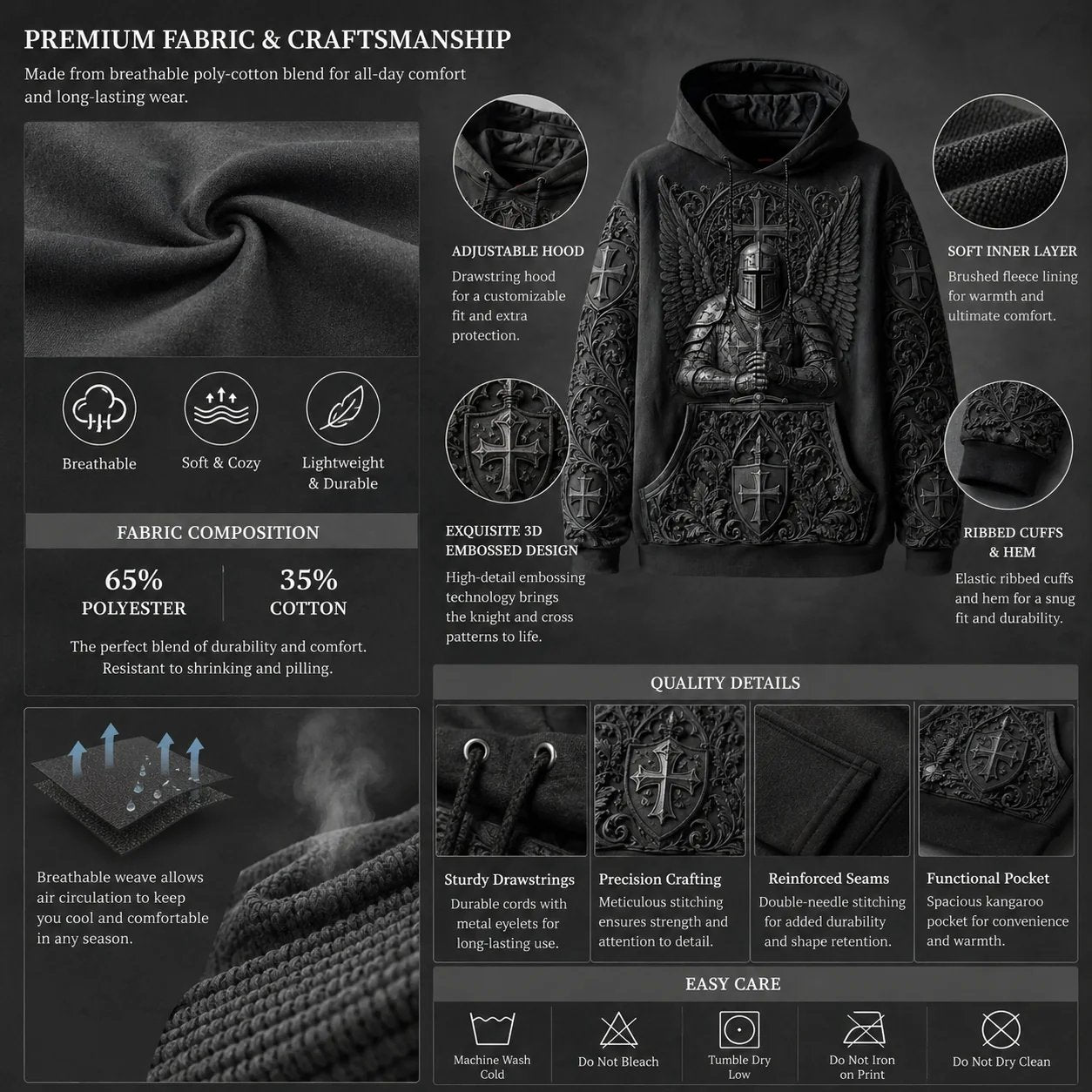 Men's Vintage Knights Templar Faith Print Casual Hoodie