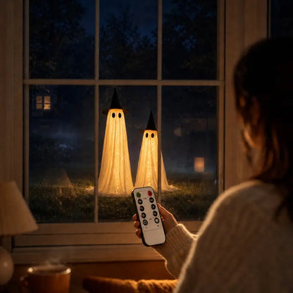 2-Pack 5Ft Halloween Spooky Lighted Ghost Decor Set, Indoor Outdoor Decorative Wind-Resistant Party Decoration Set with String Lights, Waterbags & Hats for Porch Yard, Lighted Party
