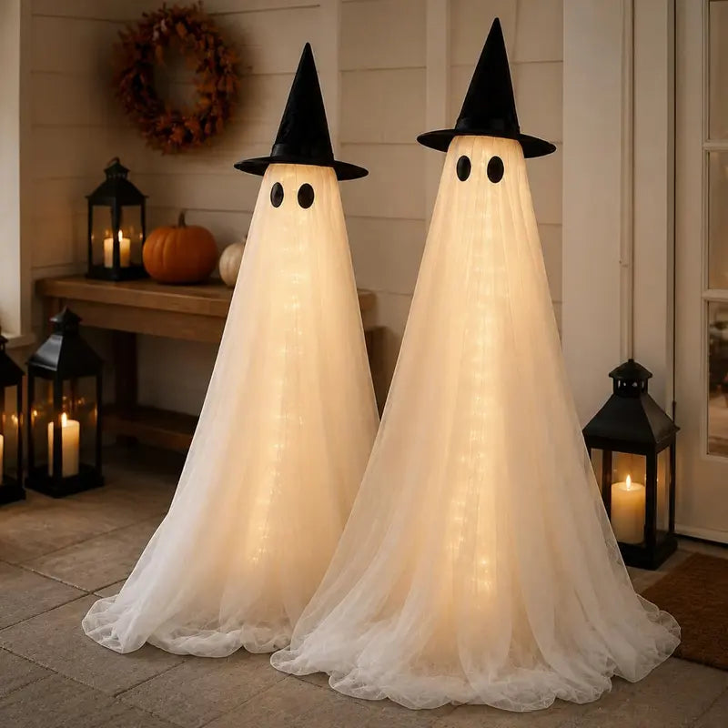 2-Pack 5Ft Halloween Spooky Lighted Ghost Decor Set, Indoor Outdoor Decorative Wind-Resistant Party Decoration Set with String Lights, Waterbags & Hats for Porch Yard, Lighted Party