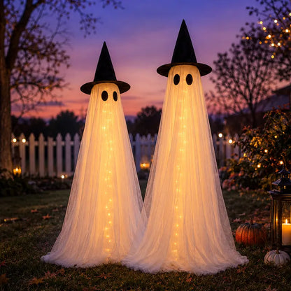 2-Pack 5Ft Halloween Spooky Lighted Ghost Decor Set, Indoor Outdoor Decorative Wind-Resistant Party Decoration Set with String Lights, Waterbags & Hats for Porch Yard, Lighted Party