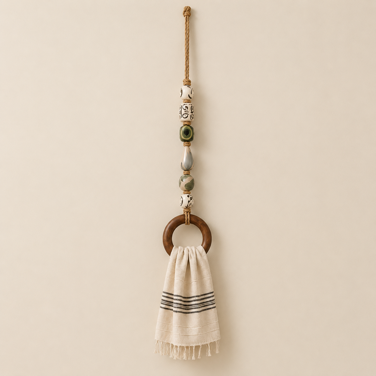 Decorative Beaded Towel Hanger with Wooden Ring