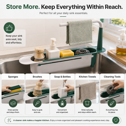 ✨ 2-in-1 Sink Organizer Rack – Expandable Sponge Holder & Kitchen Towel Drying Bar