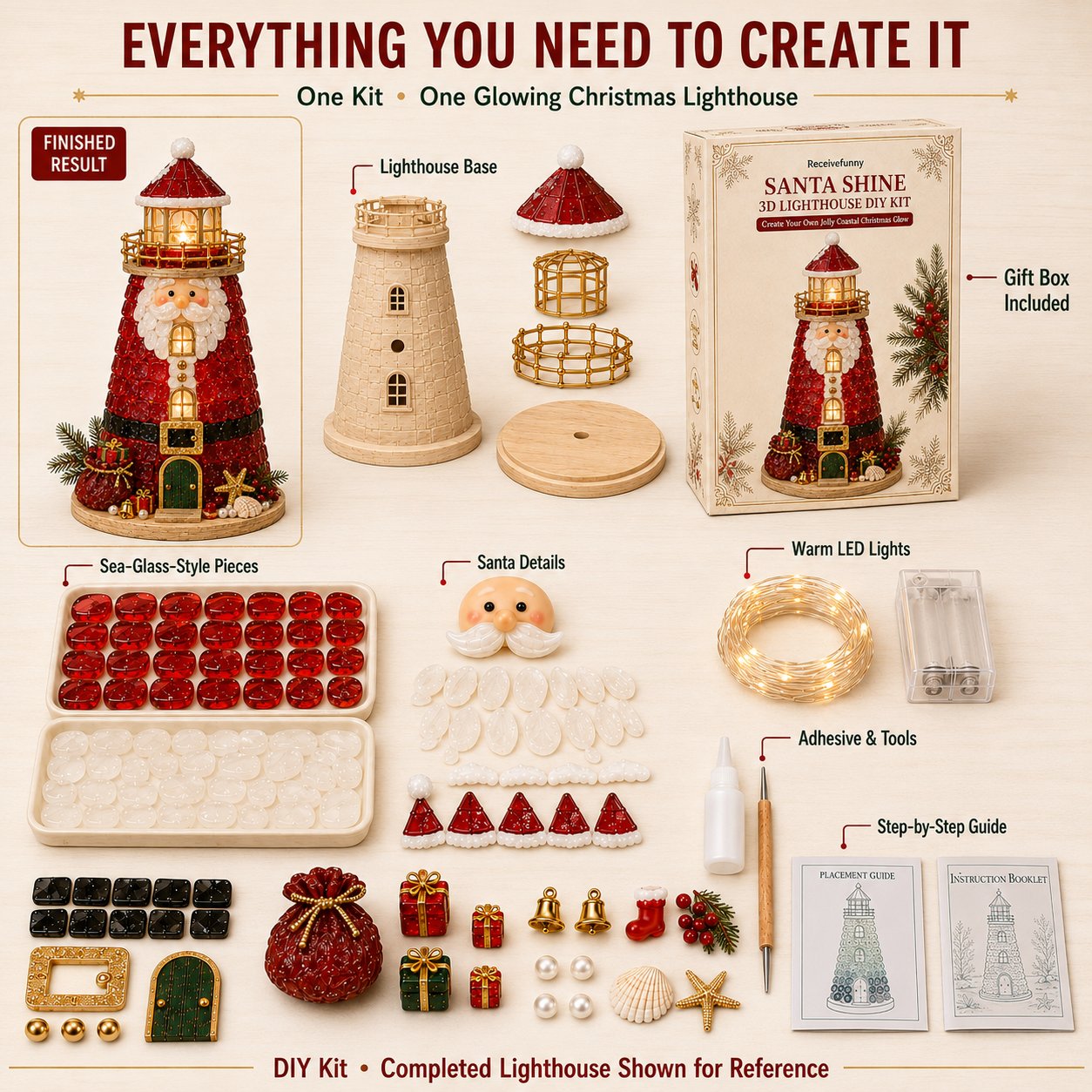 🎅 2026 Christmas Gift --🎄Beginner-Friendly DIY Lighted Christmas Character Sea Glass-Style Lighthouse Kit Collection | Complete Kit with Sea Glass-Style Pieces, LED Lights & Step-by-Step Guide Included 💕