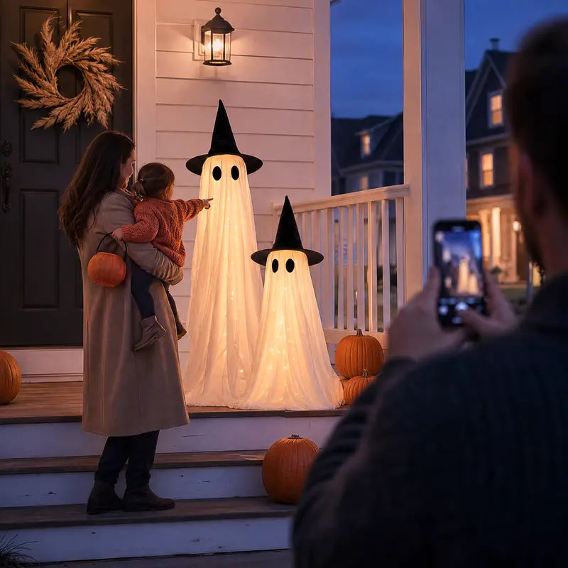 2-Pack 5Ft Halloween Spooky Lighted Ghost Decor Set, Indoor Outdoor Decorative Wind-Resistant Party Decoration Set with String Lights, Waterbags & Hats for Porch Yard, Lighted Party