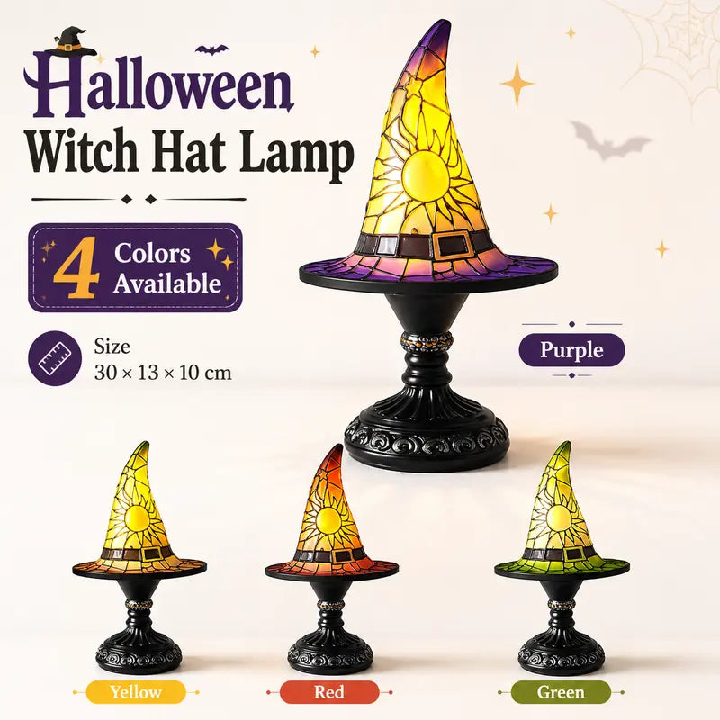 Gothic Stained Glass Style Witch Hat Lamp - Handcrafted Resin USB-Powered Nightlight, Decorative Glow Camping Lights & Lanterns for Halloween Bedroom Room Decor