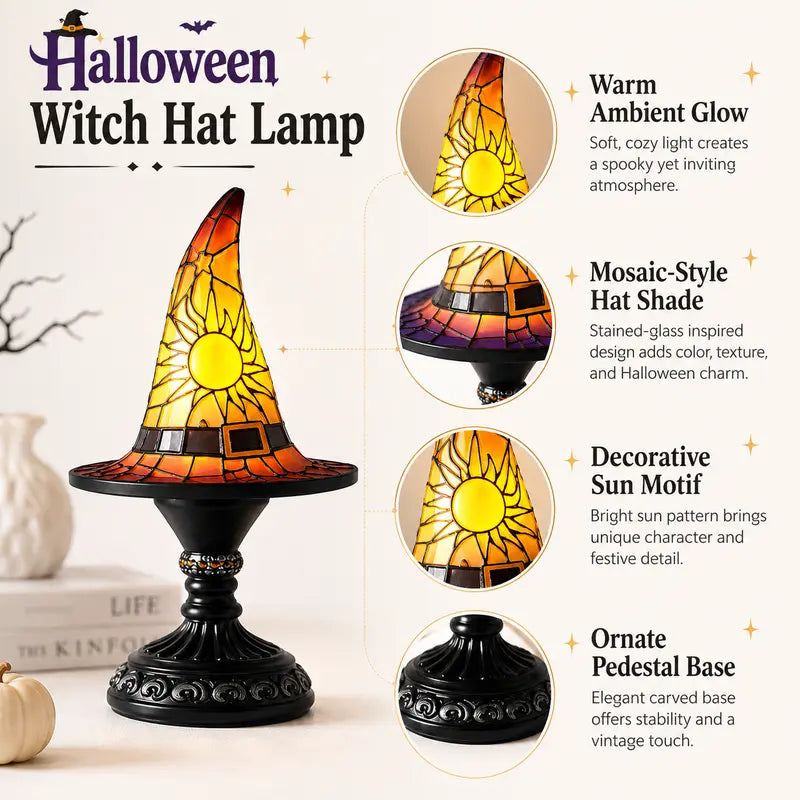 Gothic Stained Glass Style Witch Hat Lamp - Handcrafted Resin USB-Powered Nightlight, Decorative Glow Camping Lights & Lanterns for Halloween Bedroom Room Decor