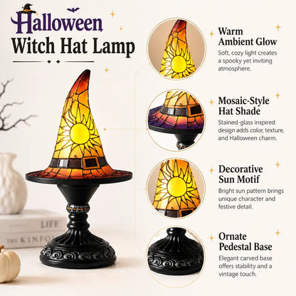 Gothic Stained Glass Style Witch Hat Lamp - Handcrafted Resin USB-Powered Nightlight, Decorative Glow Camping Lights & Lanterns for Halloween Bedroom Room Decor