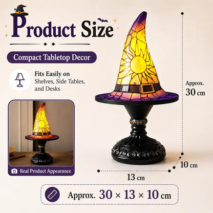 Gothic Stained Glass Style Witch Hat Lamp - Handcrafted Resin USB-Powered Nightlight, Decorative Glow Camping Lights & Lanterns for Halloween Bedroom Room Decor