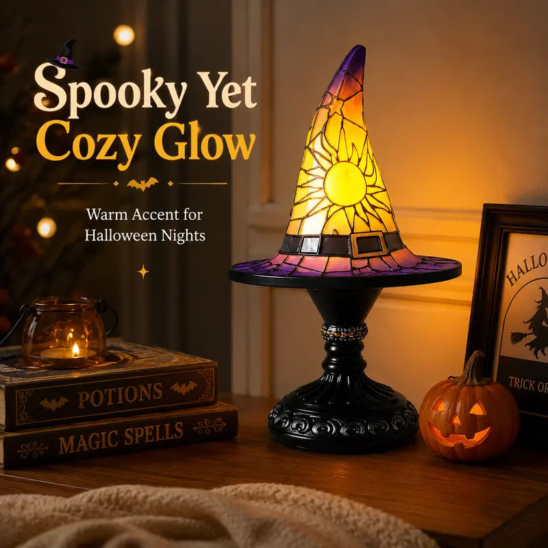Gothic Stained Glass Style Witch Hat Lamp - Handcrafted Resin USB-Powered Nightlight, Decorative Glow Camping Lights & Lanterns for Halloween Bedroom Room Decor