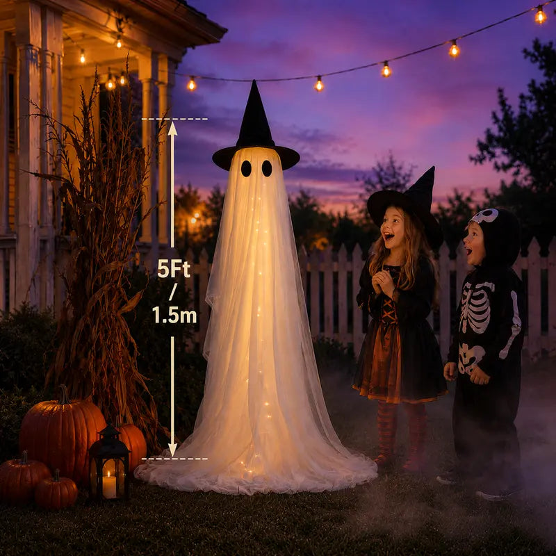 2-Pack 5Ft Halloween Spooky Lighted Ghost Decor Set, Indoor Outdoor Decorative Wind-Resistant Party Decoration Set with String Lights, Waterbags & Hats for Porch Yard, Lighted Party