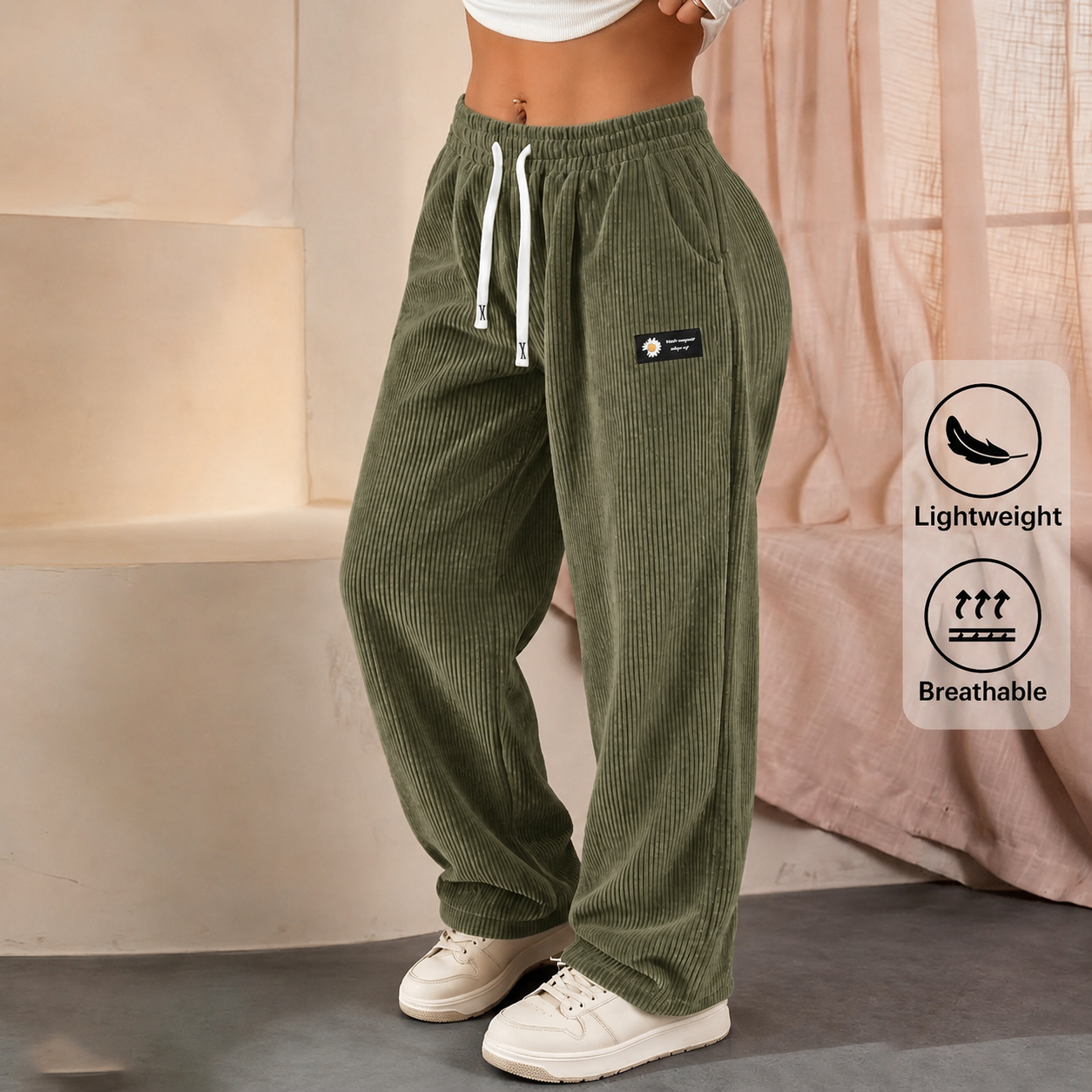 Women's Drawstring Corduroy Pants Straight Leg Casual All Season