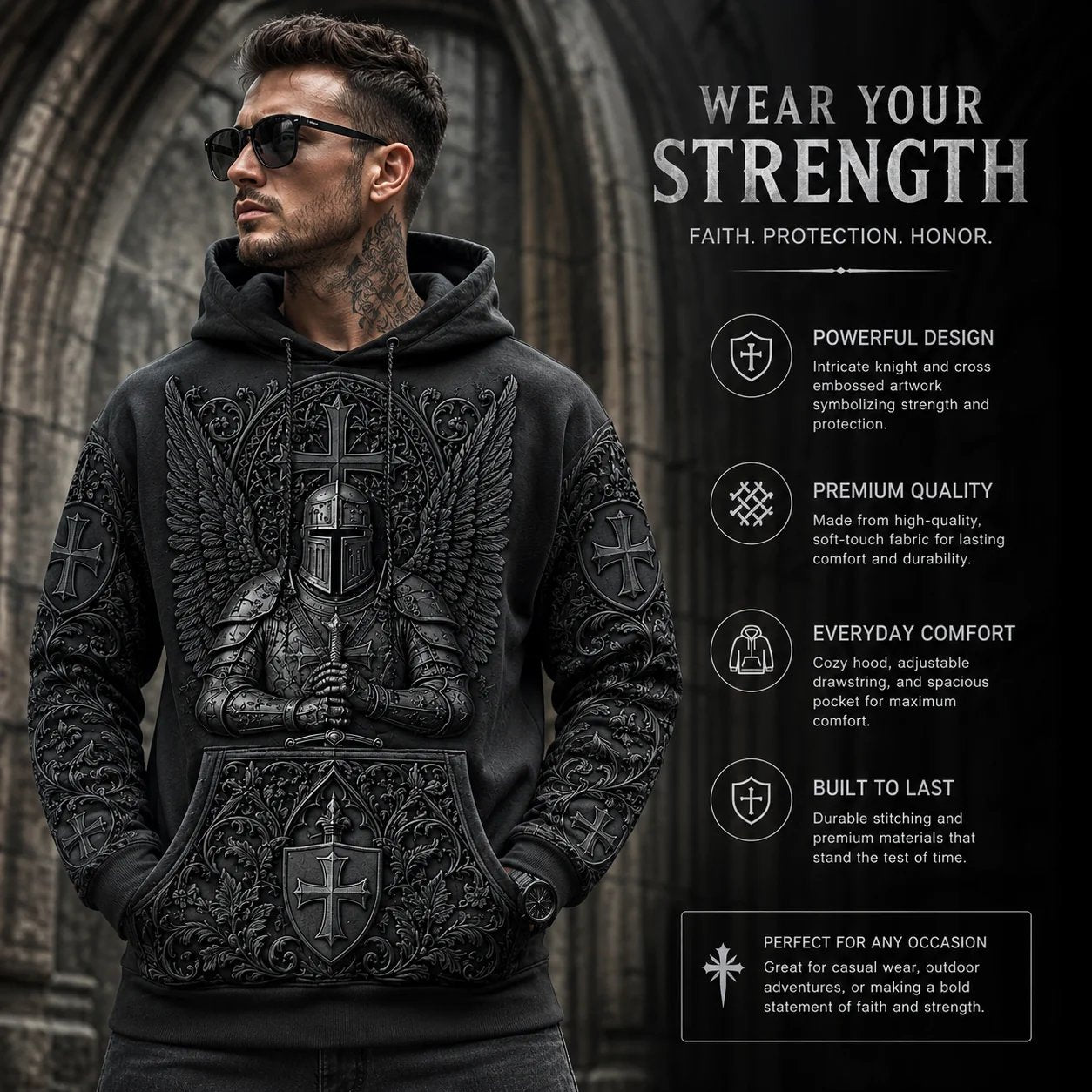 Men's Vintage Knights Templar Faith Print Casual Hoodie