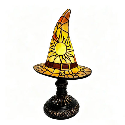 Gothic Stained Glass Style Witch Hat Lamp - Handcrafted Resin USB-Powered Nightlight, Decorative Glow Camping Lights & Lanterns for Halloween Bedroom Room Decor