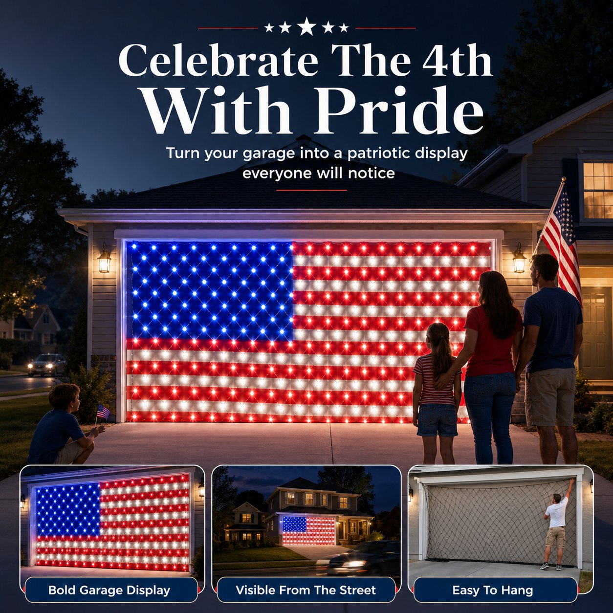 🇺🇸 4th Of July Garage Flag Net Lights📏16.1 ft × 6.9 ft
