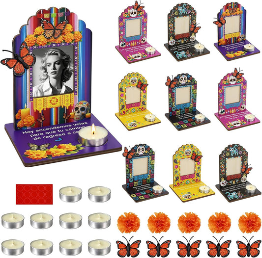 Día de los Muertos Complete Ofrenda Altar Kit – 10 Wooden Photo Frames with Marigolds & Accent Decor