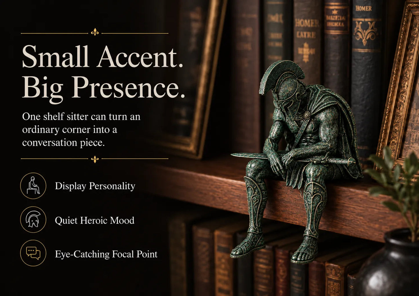 Ancient Greek Warrior Shelf Sitter – Unique Bookshelf Decor