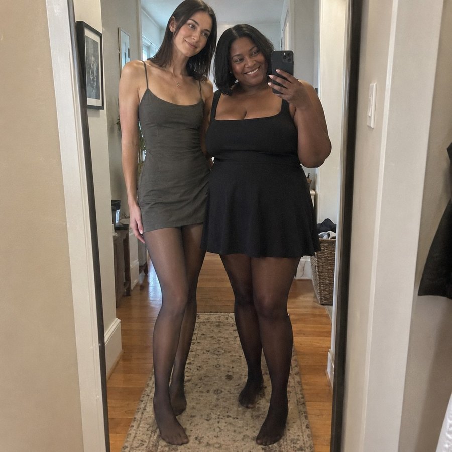 Two friends in dresses and the tights