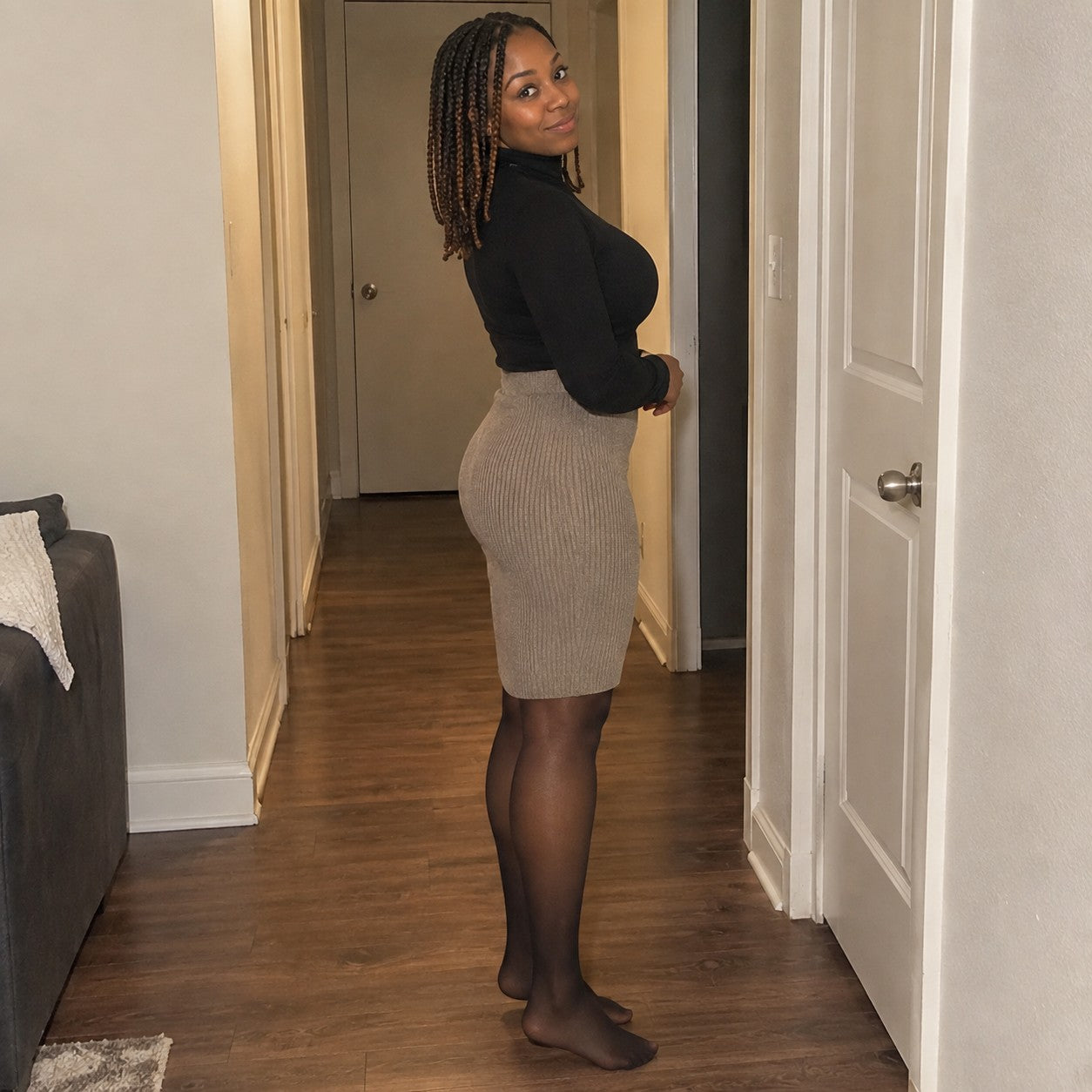 The tights laid flat, the one centre seam